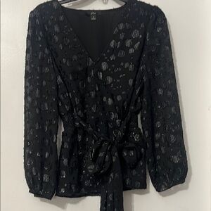 J. Crew Black and Silver‎ Metallic Wrap Bishop Long Sleeve Top Small